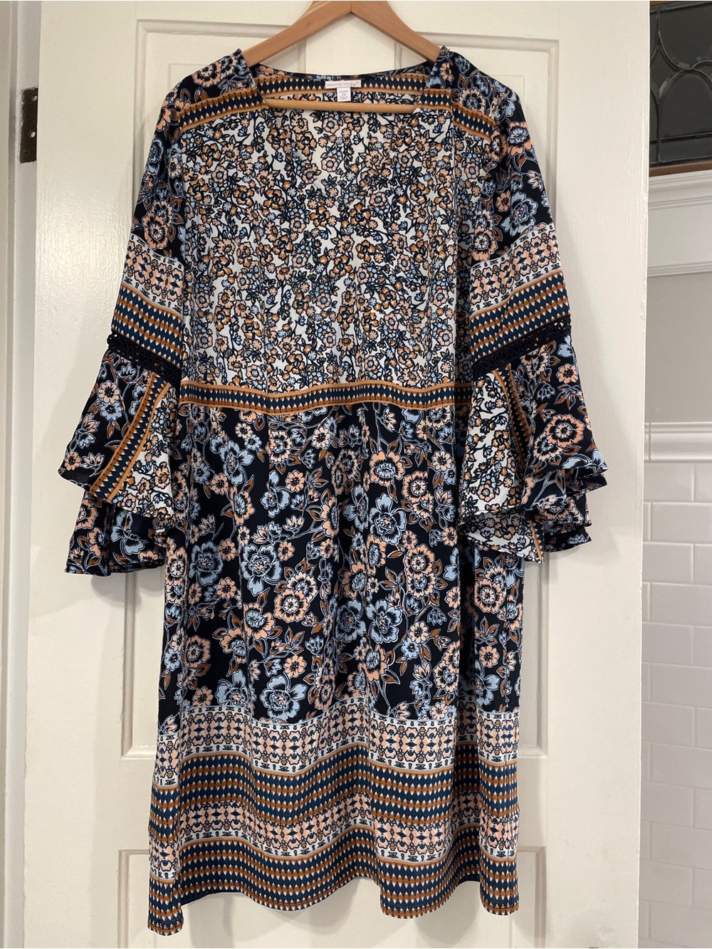 Westport Navy and Tan Floral Ruffle-Sleeve Midi Dress